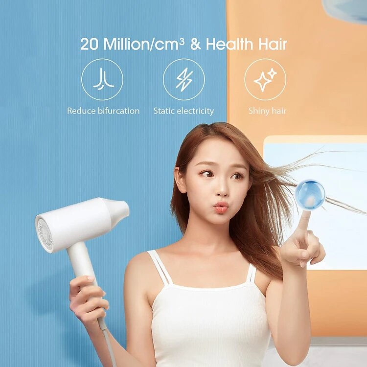 Xiaoshi Hair Dryer A1 EUW Hair Dryer With 1800W Motor, Concentration of Negative Ions for Fast, Frizz Drying Hair and Dual Temperature Control - White
