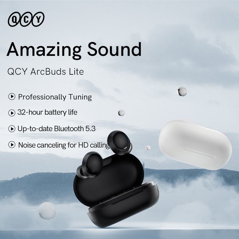 QCY ArcBuds Lite True Wireless Earbuds With 5.3 Bluetooth Connection, 32 Hr Long Battery Life, ENC Technology, IPX4 Sweatproof & Touch Controls - White