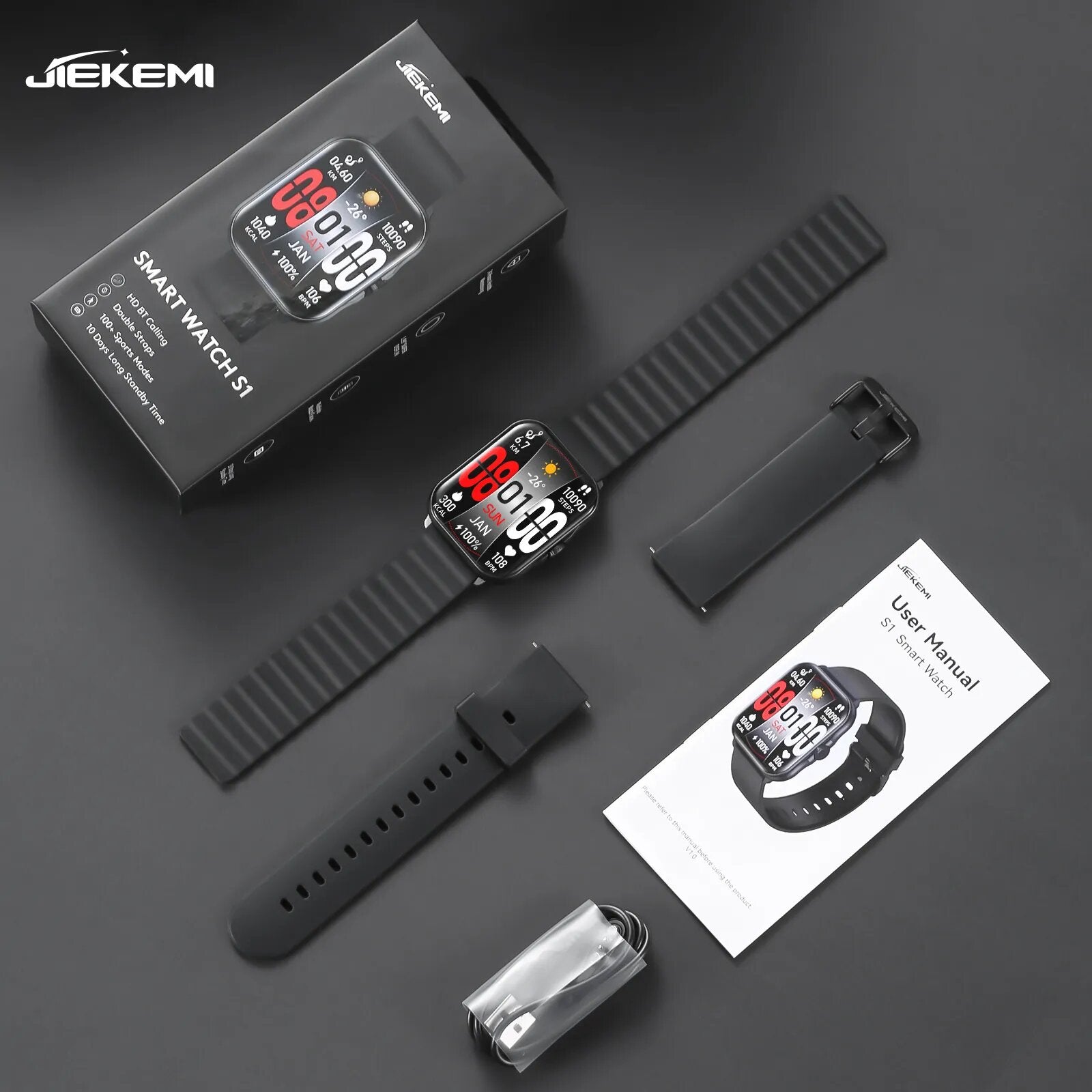 JIEKEMI Smart Watch S1 ساعة ذكية وظيفية مع مقاومة للماء - أسود