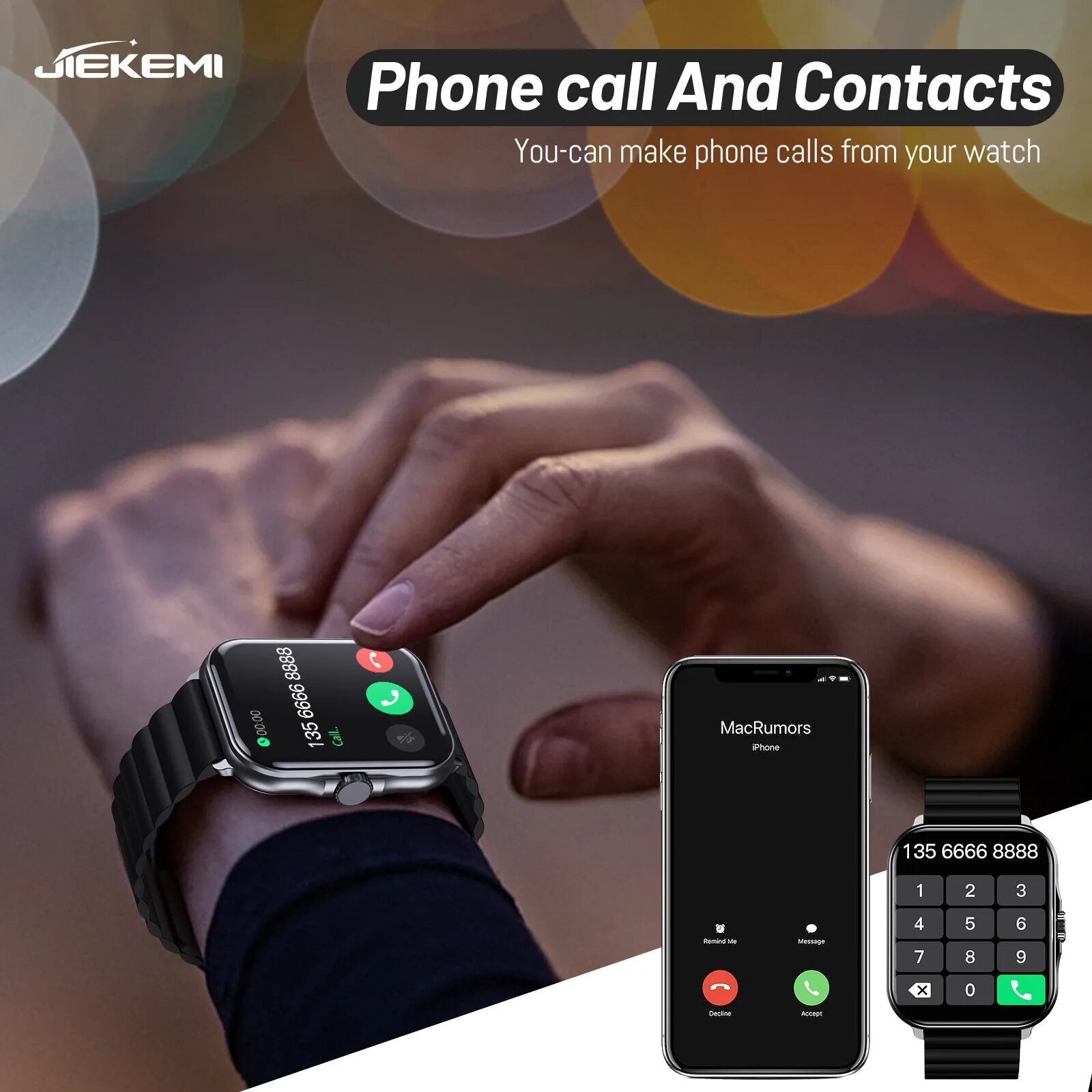 JIEKEMI Smart Watch S1 ساعة ذكية وظيفية مع مقاومة للماء ومراقبة معدل ضربات القلب وتتبع النشاط والتحكم في الموسيقى وجهاز تحكم عن بعد للكاميرا - أسود