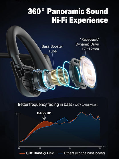سماعات QCY Crossky Link الرياضية، سماعات رأس بتصميم مفتوح الأذن مع 5.3 بلوتوث، 4 ميكروفون وإلغاء الضوضاء ENC، IPX6 مقاومة للماء والعرق، لا تسرب الصوت وصوت بانورامي 360 درجة - أسود