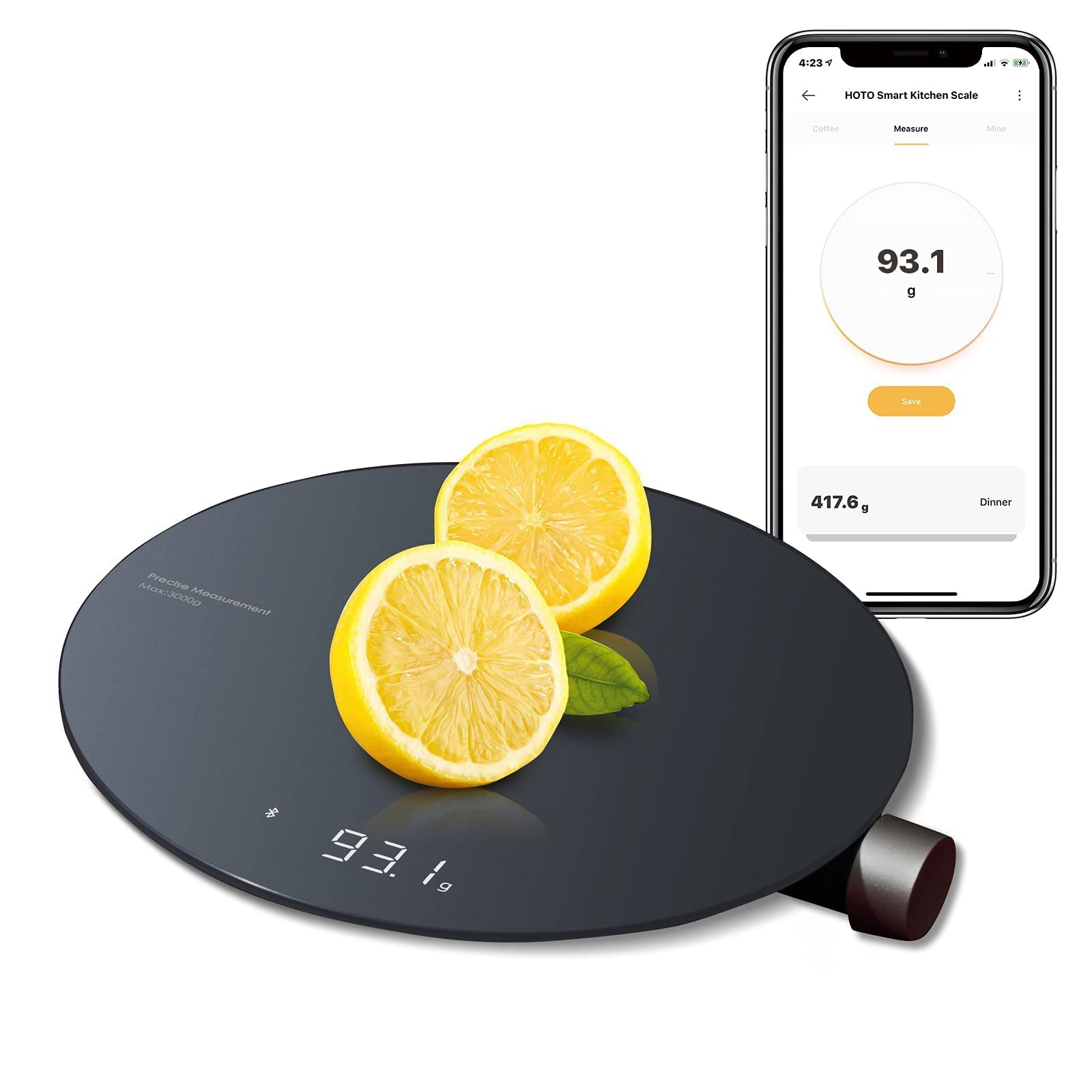 HOTO Smart Kitchen Scale QWCFC001 Stylish Bluetooth Kitchen Scale with LCD Display, 4 Units of Measurement,Tare Function & Recipe Library App - Black