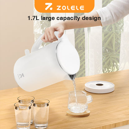 غلاية كهربائية ZOLELE SH1701W غلاية كهربائية سعة 1.7 لتر مع غطاء زجاجي مزدوج الجدار، غليان سريع 1800 وات، وظيفة الحفاظ على الدفء ومقبض لمس بارد - أبيض