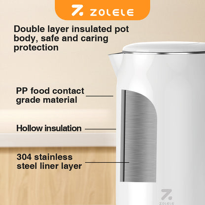 غلاية كهربائية ZOLELE SH1701W غلاية كهربائية سعة 1.7 لتر مع غطاء زجاجي مزدوج الجدار، غليان سريع 1800 وات، وظيفة الحفاظ على الدفء ومقبض لمس بارد - أبيض