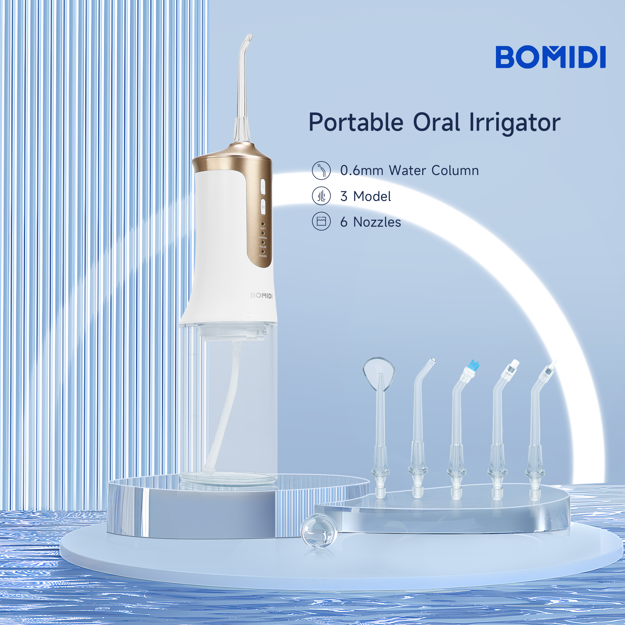 BOMIDI DE02 Portable Water Flosser, 240 ml Water Tank - White/Gold