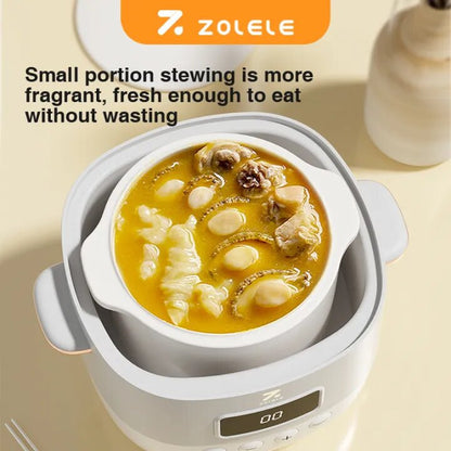 ZOLELE ES101 Elctric Stew Pot Smart Slow Cooker, 1 Liter Capacity Ceramic Inner Pot, 360° Hot Air Circulation, LED Display Screen, Double Keep Warm Function and Compact and Portable Design - White