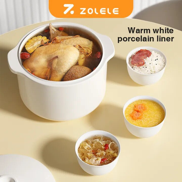 ZOLELE ES101 Elctric Stew Pot Smart Slow Cooker, 1 Liter Capacity Ceramic Inner Pot, 360° Hot Air Circulation, LED Display Screen, Double Keep Warm Function and Compact and Portable Design - White