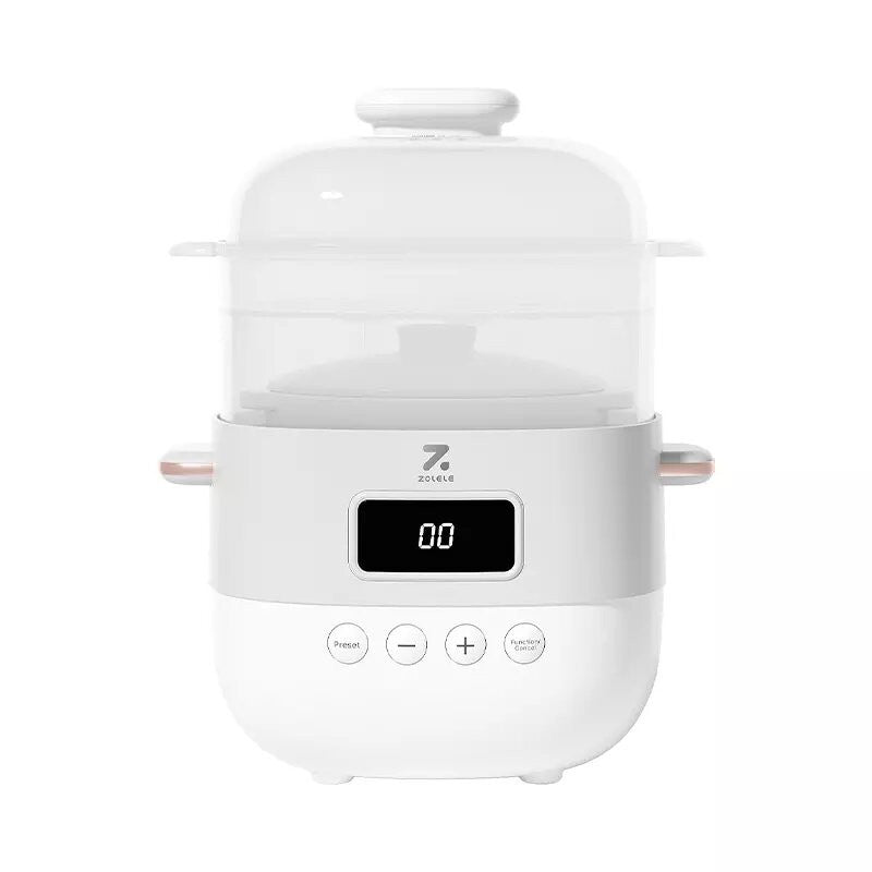 ZOLELE ES101 Elctric Stew Pot Smart Slow Cooker, 1 Liter Capacity Ceramic Inner Pot, 360° Hot Air Circulation, LED Display Screen, Double Keep Warm Function and Compact and Portable Design - White