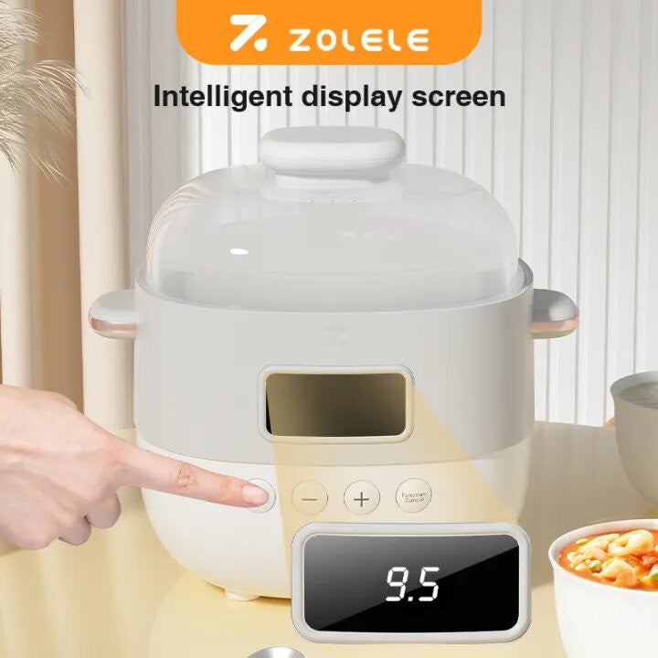 ZOLELE ES101 Elctric Stew Pot Smart Slow Cooker, 1 Liter Capacity Ceramic Inner Pot, 360° Hot Air Circulation, LED Display Screen, Double Keep Warm Function and Compact and Portable Design - White