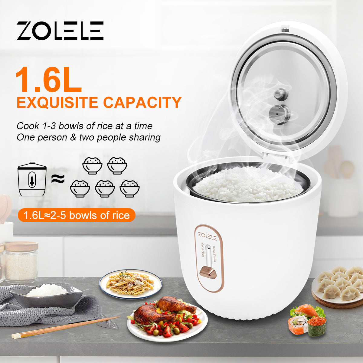 Zolele ZB502 طباخة الأرز الكهربائية بسعة 1.6 لتر - أبيض