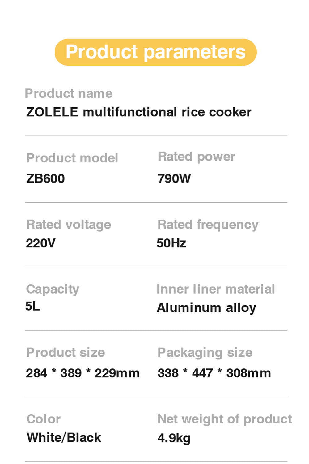 ZOLELE Smart Rice Cooker 5L ZB600 - Black