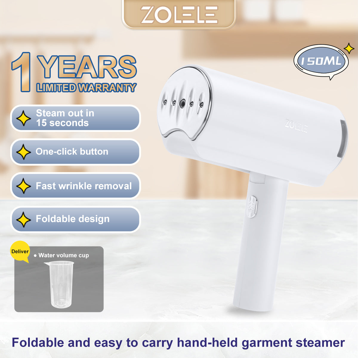 Zolele Foldable Garment Steamer Portable and Easy-to-Use Steamer for Fast and Easy Ironing, Adjustable Steam Output for Different Fabrics - White