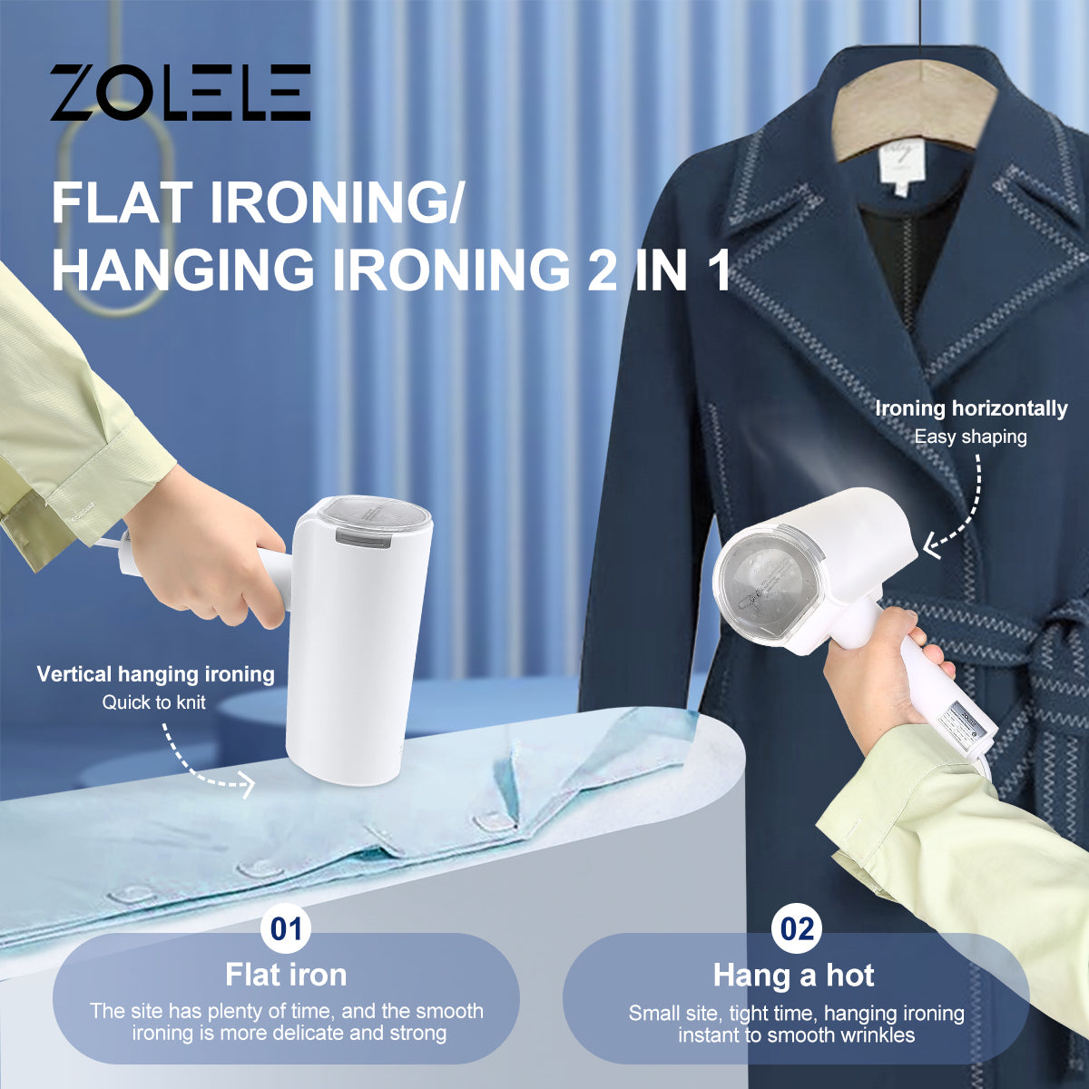 Zolele Foldable Garment Steamer Portable and Easy-to-Use Steamer for Fast and Easy Ironing, Adjustable Steam Output for Different Fabrics - White