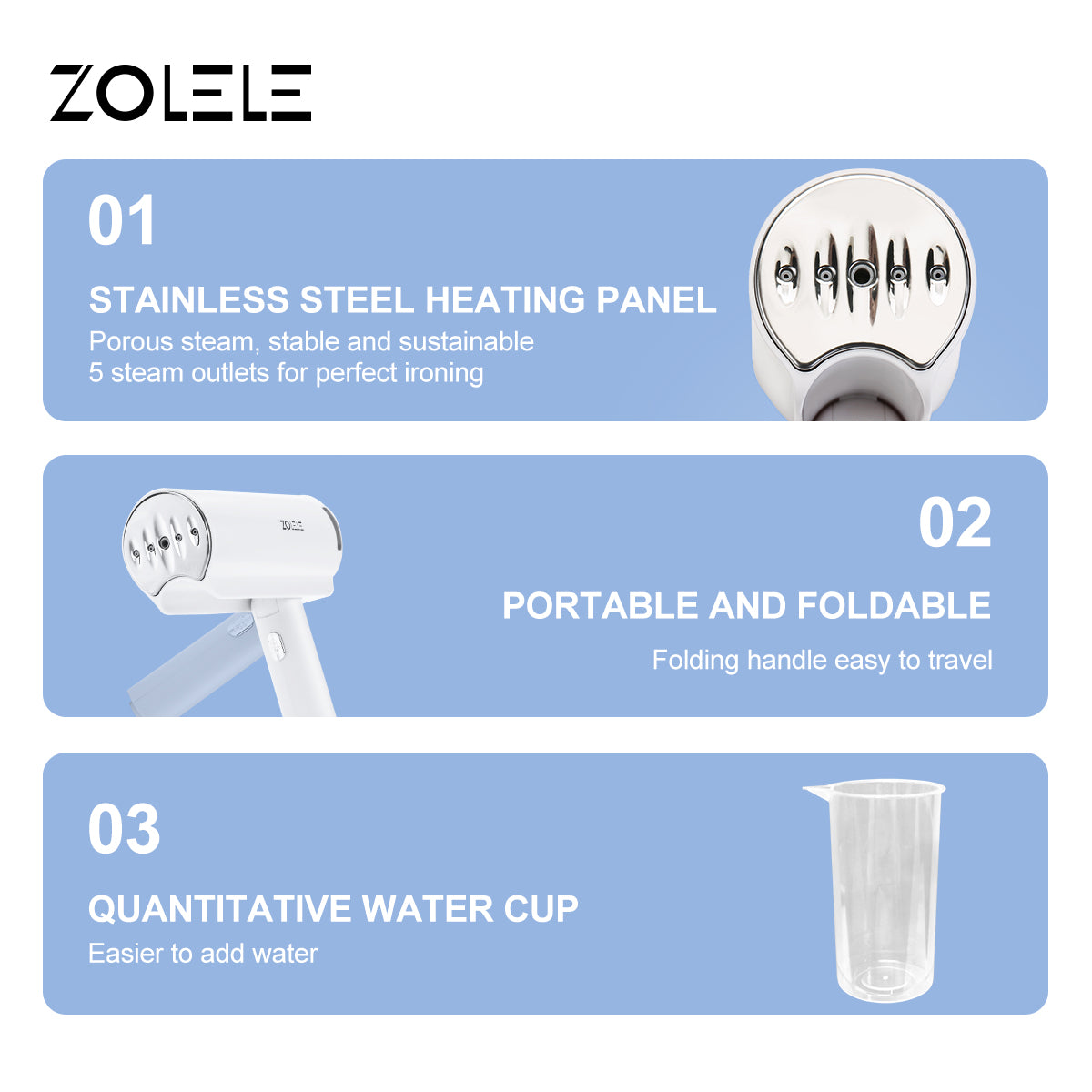 Zolele Foldable Garment Steamer Portable and Easy-to-Use Steamer for Fast and Easy Ironing, Adjustable Steam Output for Different Fabrics - White