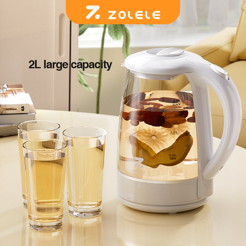 ZOLELE ZH101 Electric Water Kettle 2-Liter Large Capacity, 1500 Watts, Double Layer Heat Preservation Anti-Scald Design & Stainless Steel Filter - White