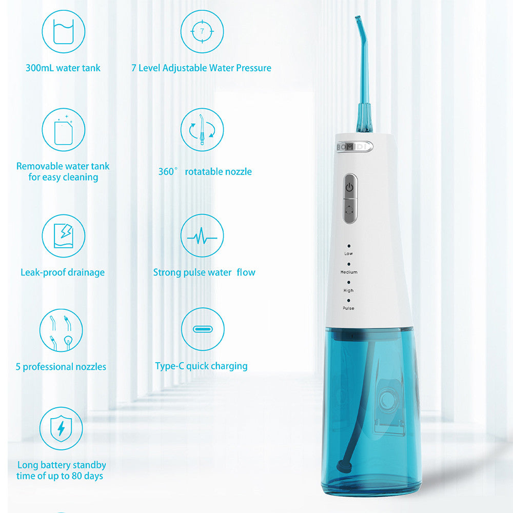 Bomidi D3PRO جهاز تنظيف الأسنان بالماء المحمول بالفم 360 فوهة قابلة للدوران 300 مل - أبيض/أزرق