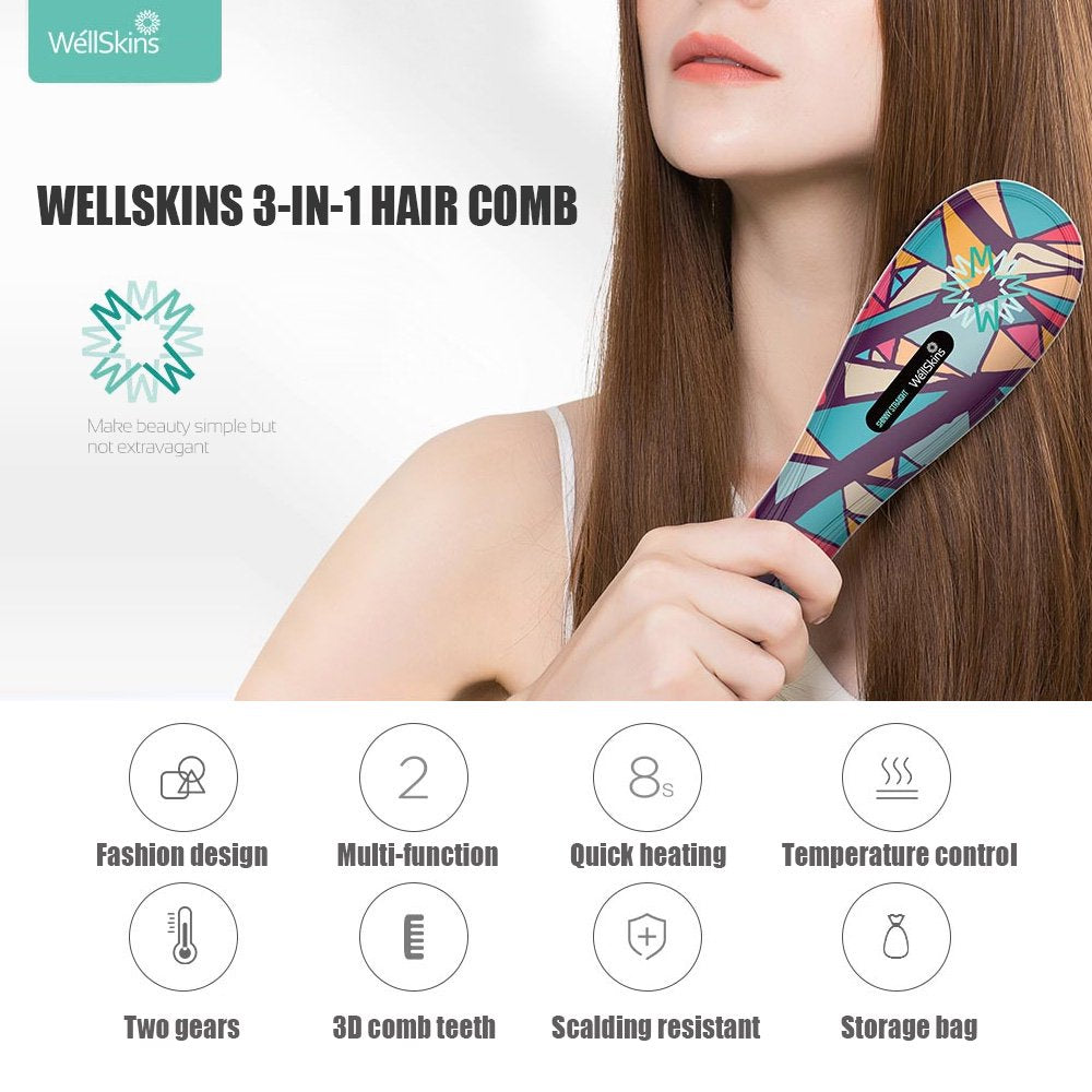 Wellskin WX-ZF105 3in1 Electric Multi-Function Hair Straightening Comb - Multi Color