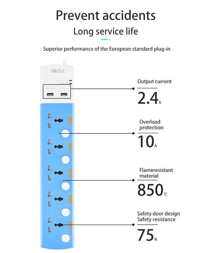 Zolele ZK100 3M Power Extension EU Plug With 5 Socket - Blue