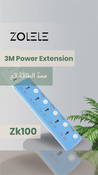 Zolele ZK100 3M Power Extension EU Plug With 5 Socket - Blue